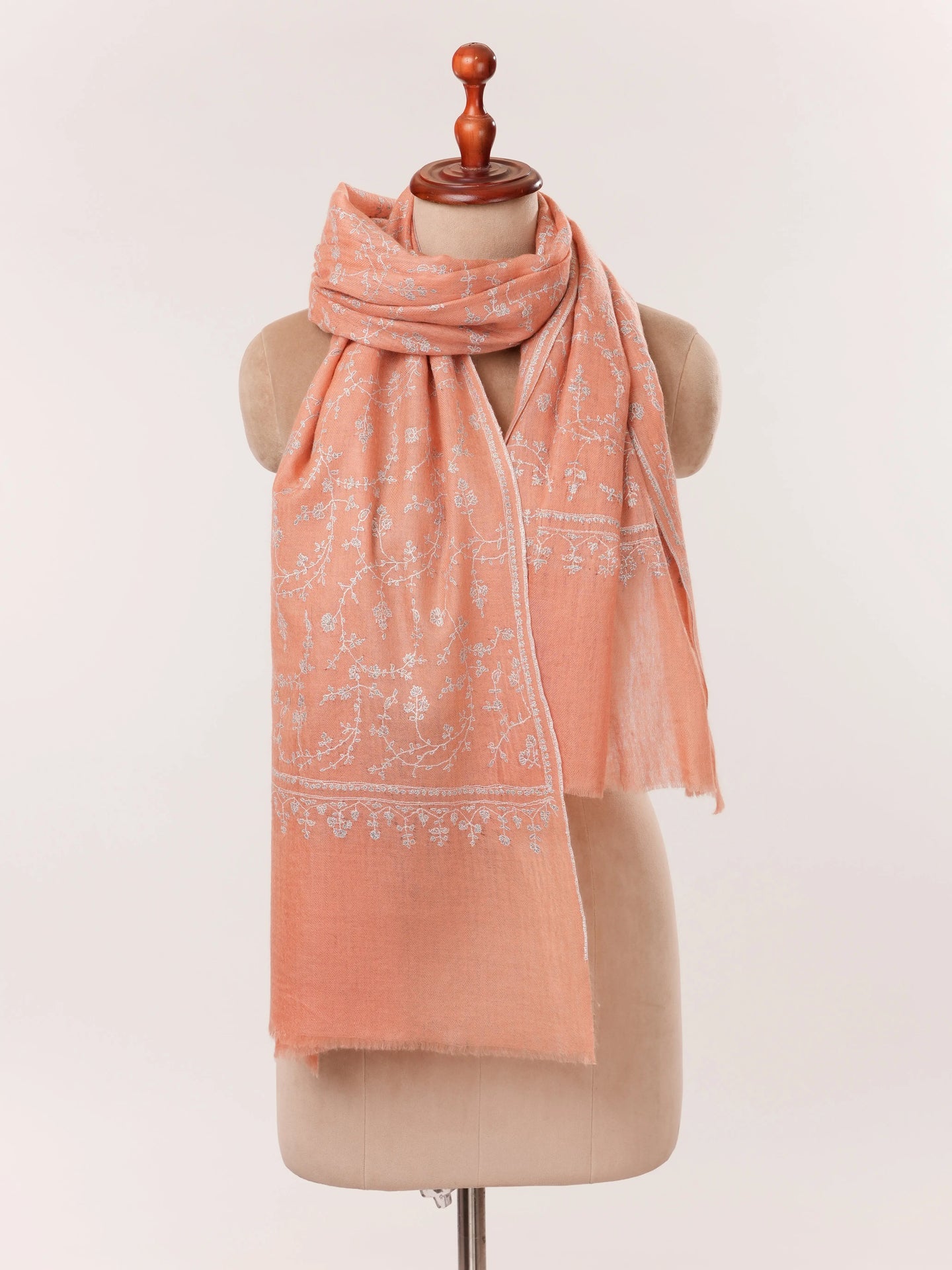 Soft Peach Featherlight Cashmere Scarf with Needlework Jali Embroidery Shahkaar.com