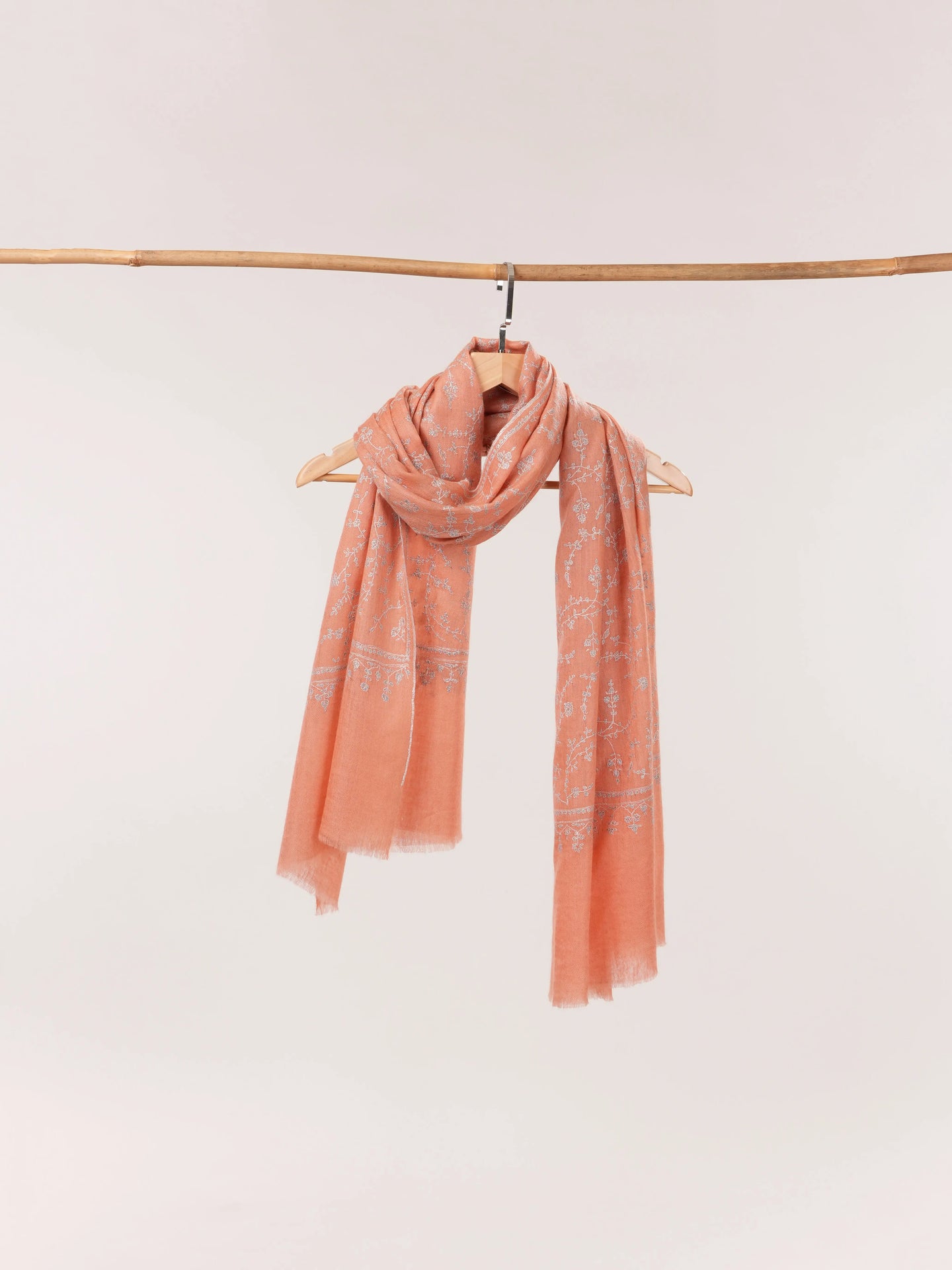 Soft Peach Featherlight Cashmere Scarf with Needlework Jali Embroidery Shahkaar.com