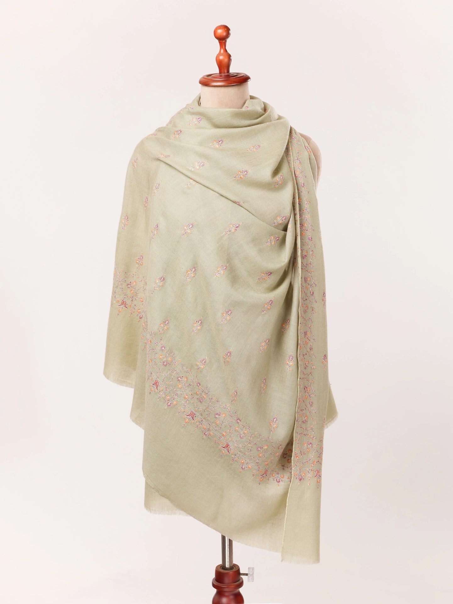 Fresh Green Handwoven Kashmiri Pashmina Shawl with Buteh Hand Sozni Embroidery Shahkaar.com