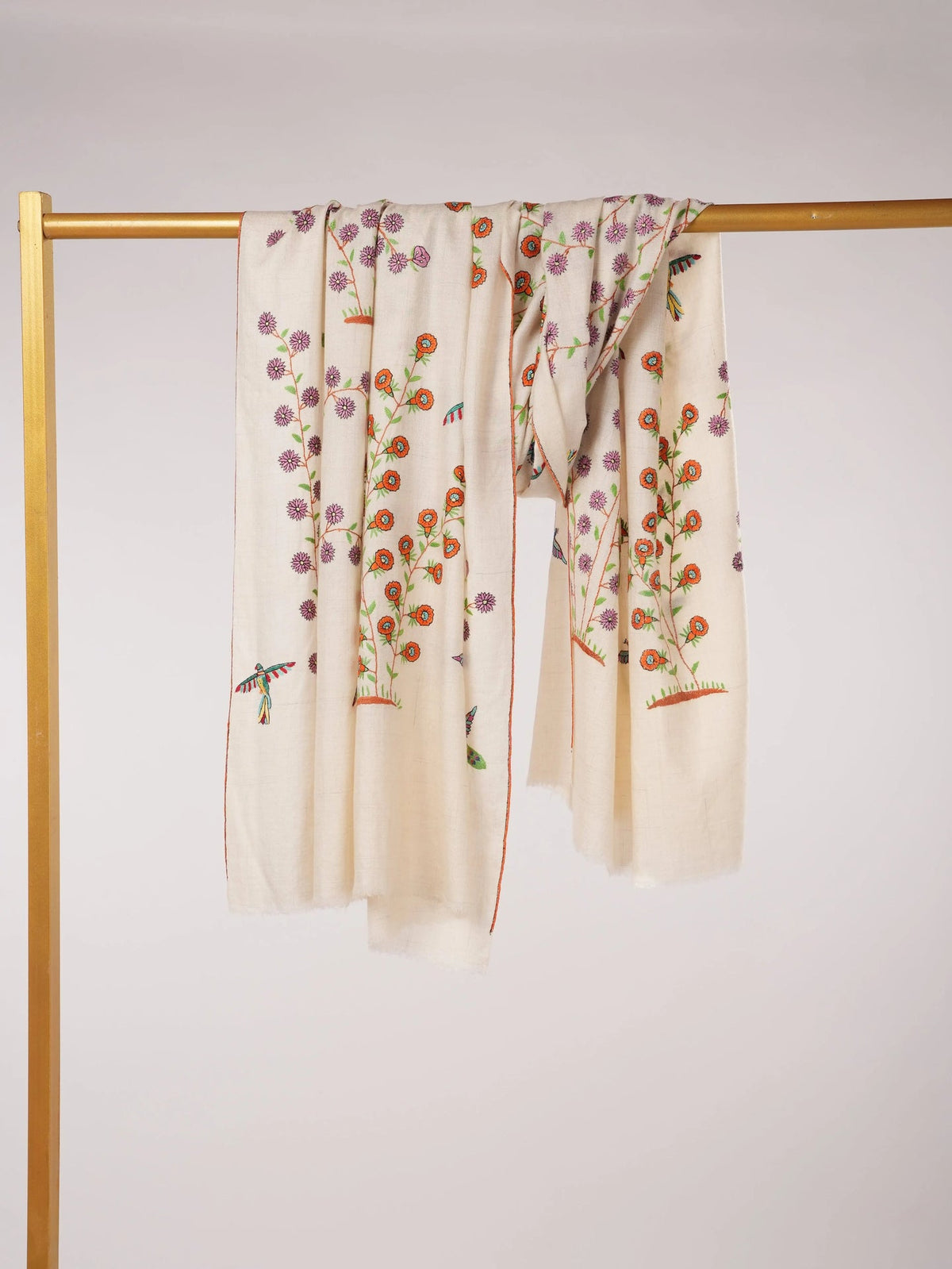 White Kashmiri Handwoven Pashmina Shawl with Hand Sozni Embroidery Shahkaar.com