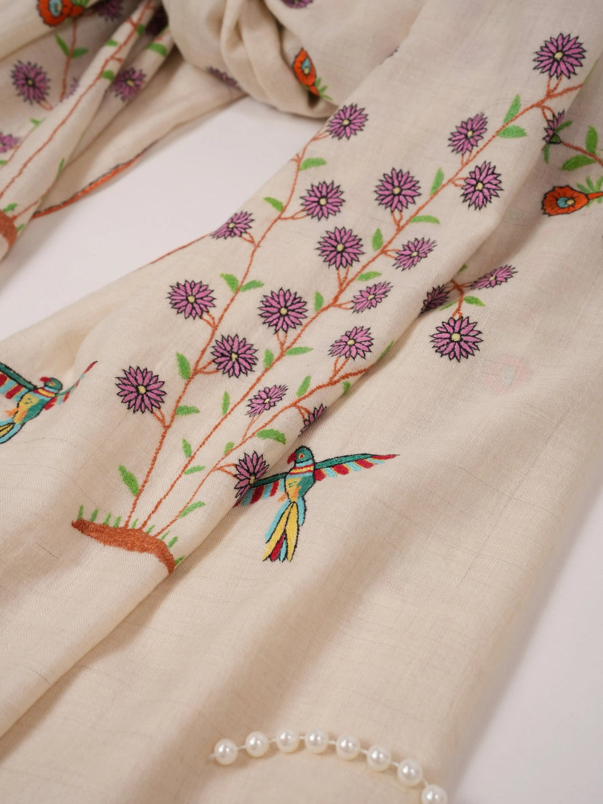 White Kashmiri Handwoven Pashmina Shawl with Hand Sozni Embroidery Shahkaar.com