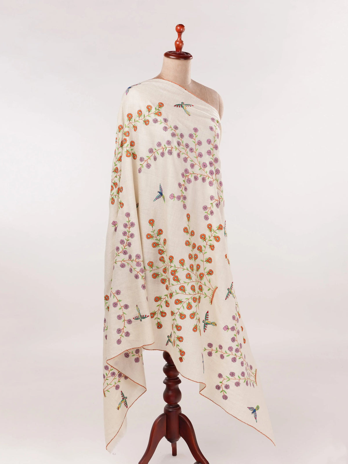 White Kashmiri Handwoven Pashmina Shawl with Hand Sozni Embroidery Shahkaar.com