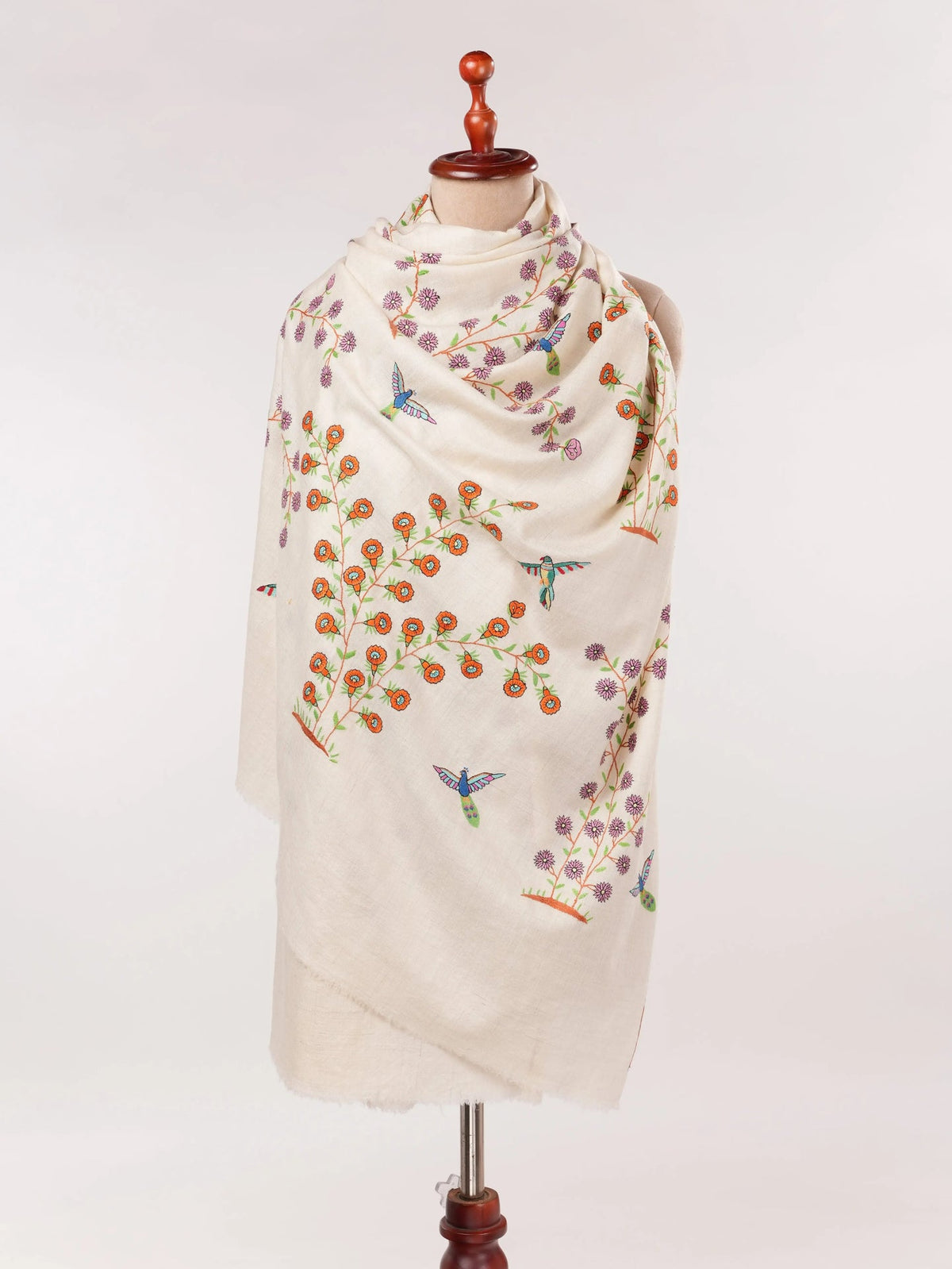 White Kashmiri Handwoven Pashmina Shawl with Hand Sozni Embroidery Shahkaar.com