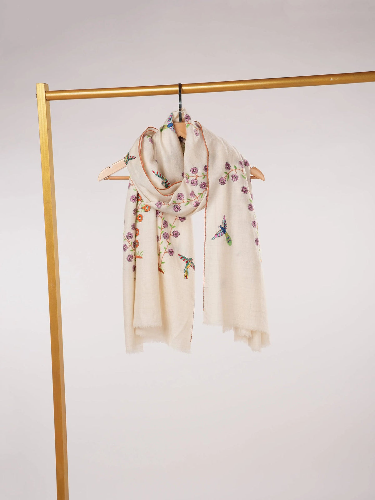 White Kashmiri Handwoven Pashmina Shawl with Hand Sozni Embroidery Shahkaar.com