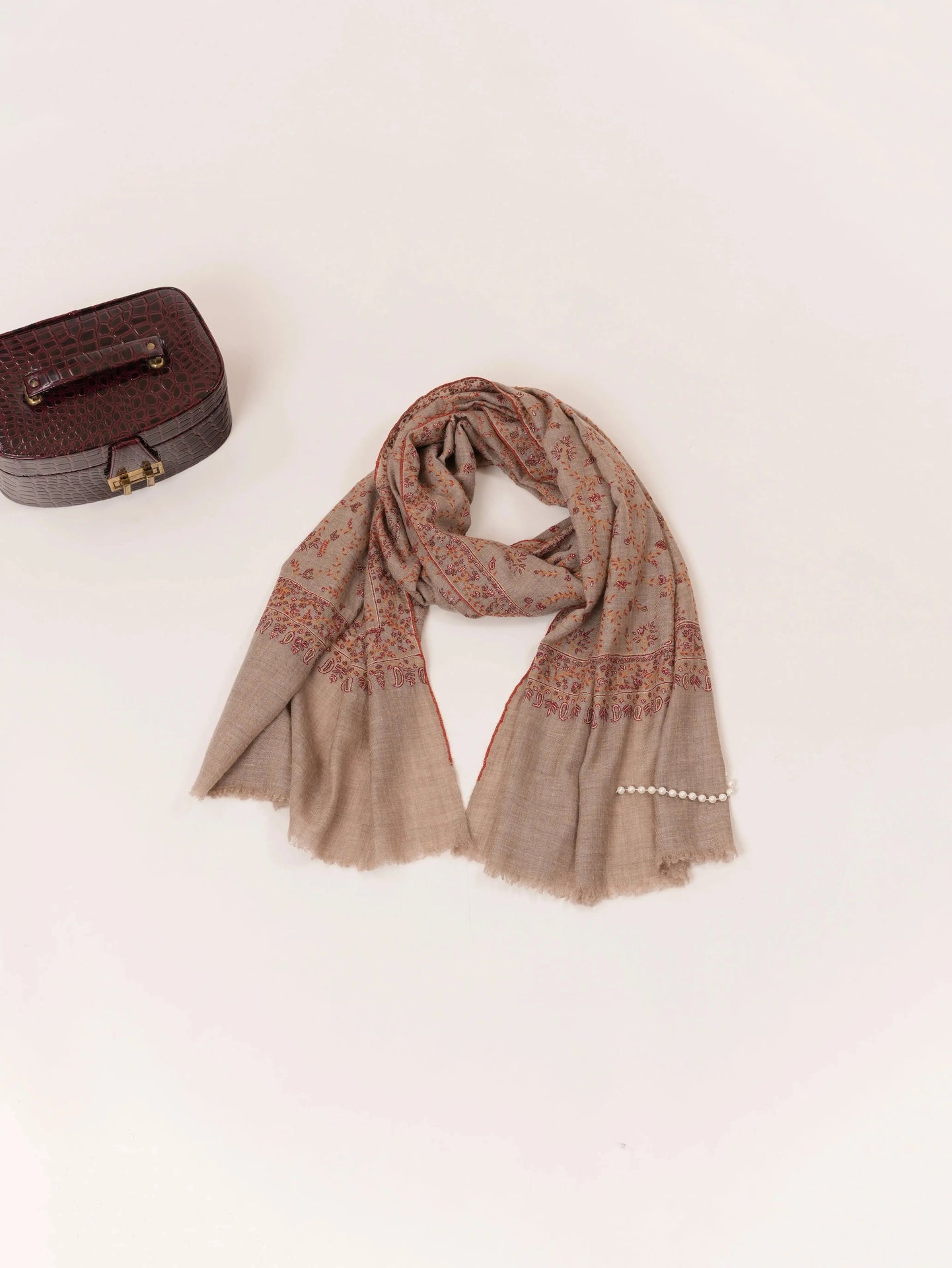 Natural Taupe Scarf in Cashmere with Classic Jali Sozni Hand Embroidery Shahkaar.com
