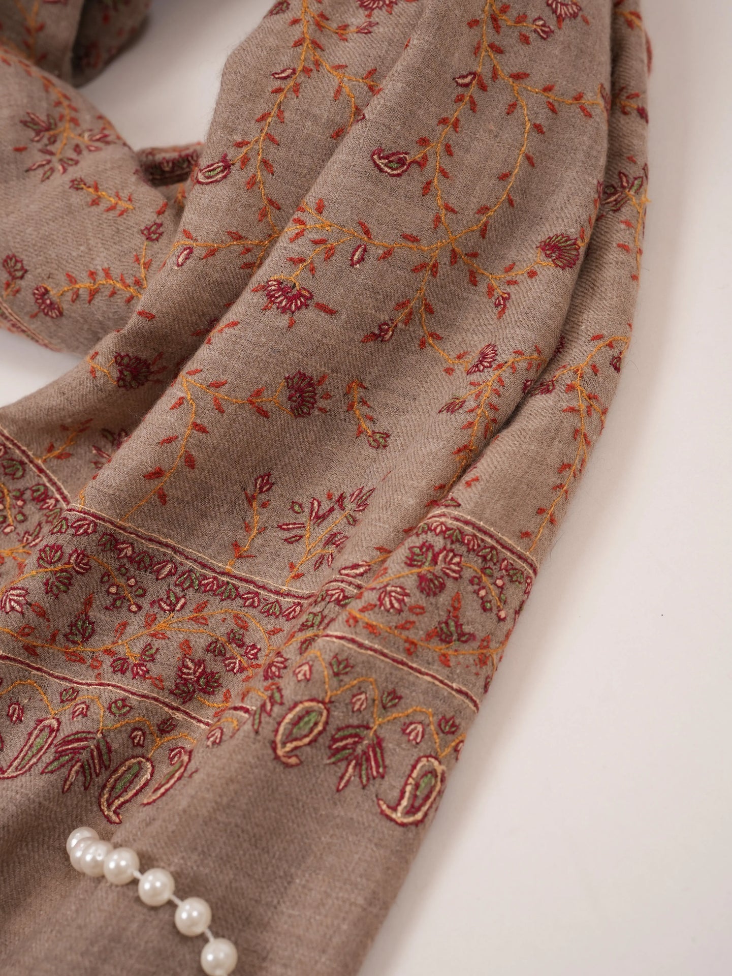 Natural Taupe Scarf in Cashmere with Classic Jali Sozni Hand Embroidery Shahkaar.com