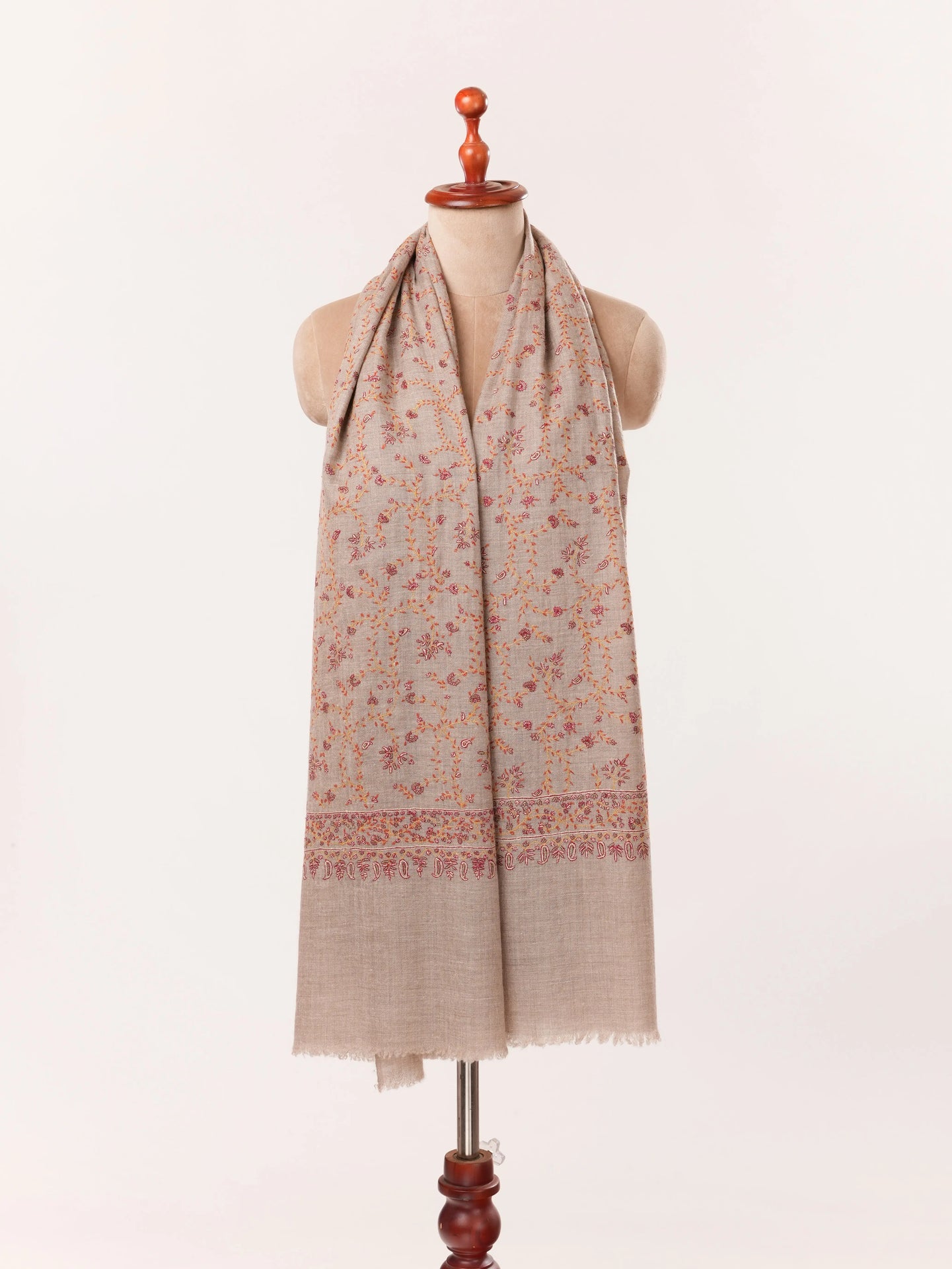 Natural Taupe Scarf in Cashmere with Classic Jali Sozni Hand Embroidery Shahkaar.com