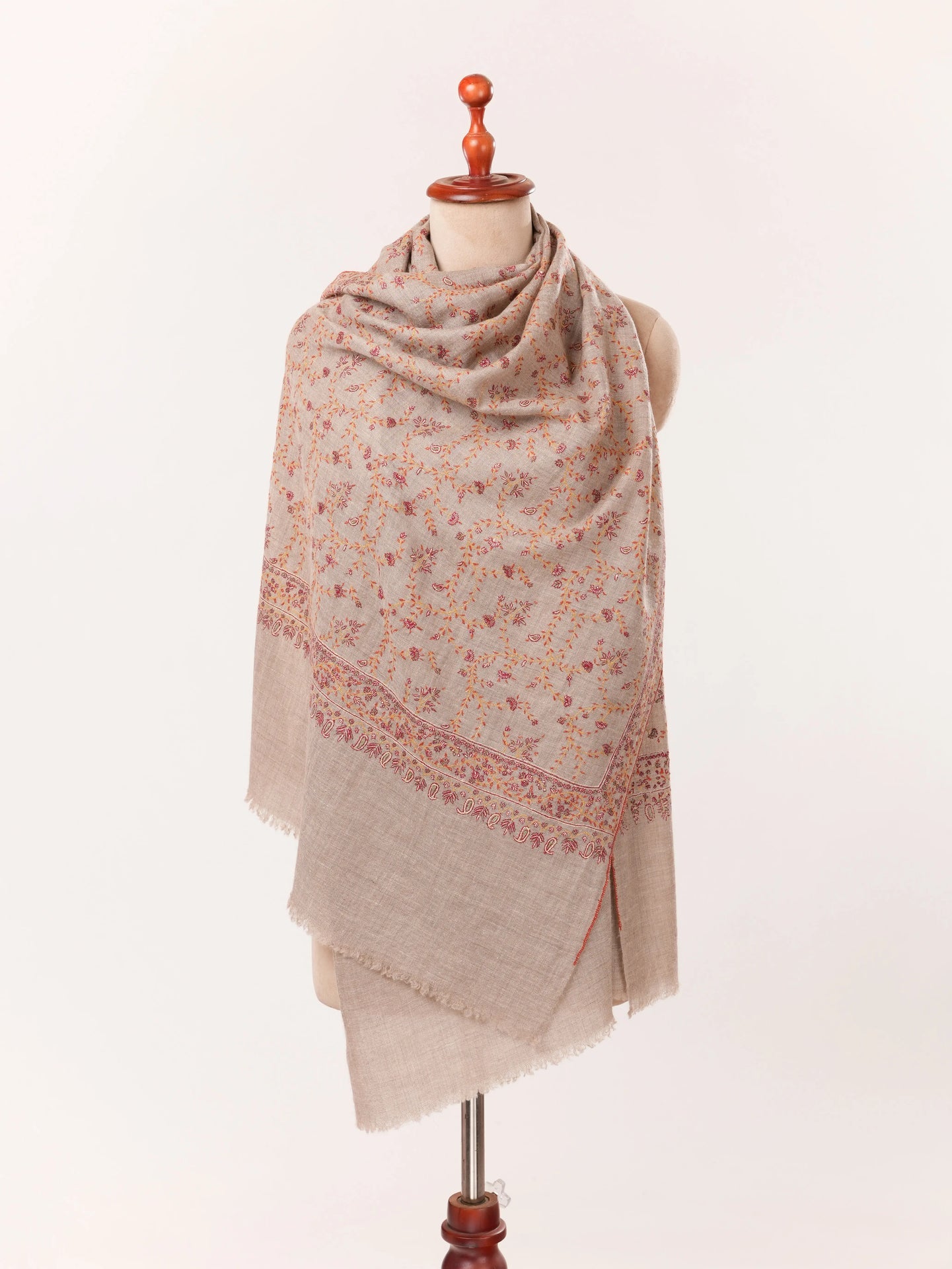 Natural Taupe Scarf in Cashmere with Classic Jali Sozni Hand Embroidery Shahkaar.com