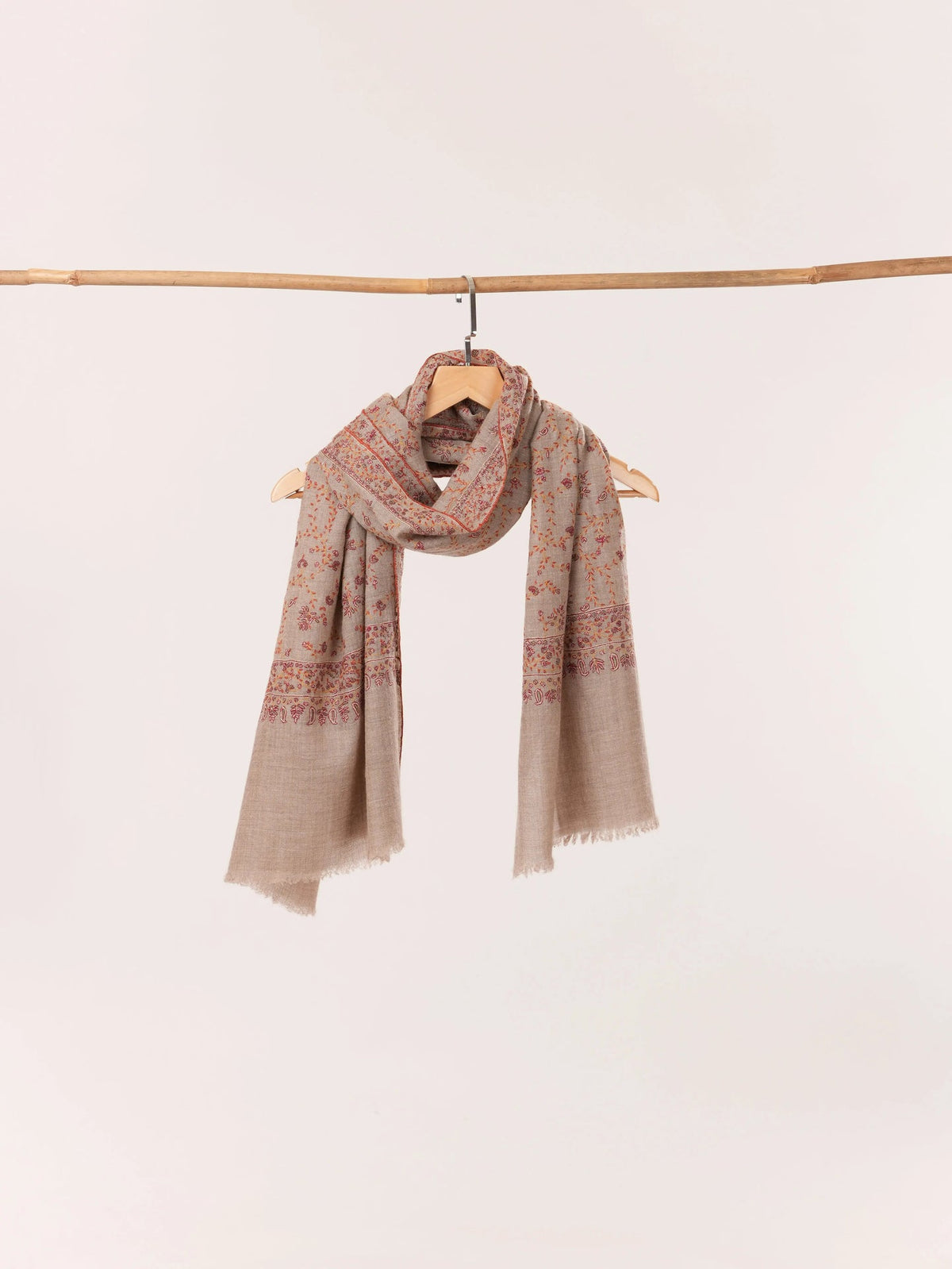 Natural Taupe Scarf in Cashmere with Classic Jali Sozni Hand Embroidery Shahkaar.com