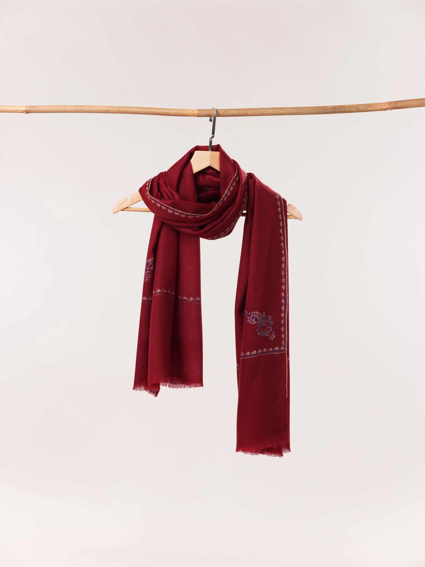 Wine Red Handwoven Cashmere Scarf with Minimalist Hand Embroidery Shahkaar.com