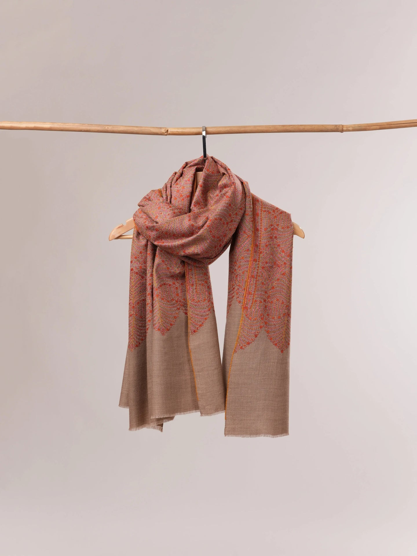 Natural Taupe Pure Pashmina Shawl with Detailed Silk Hand Embroidery Shahkaar.com