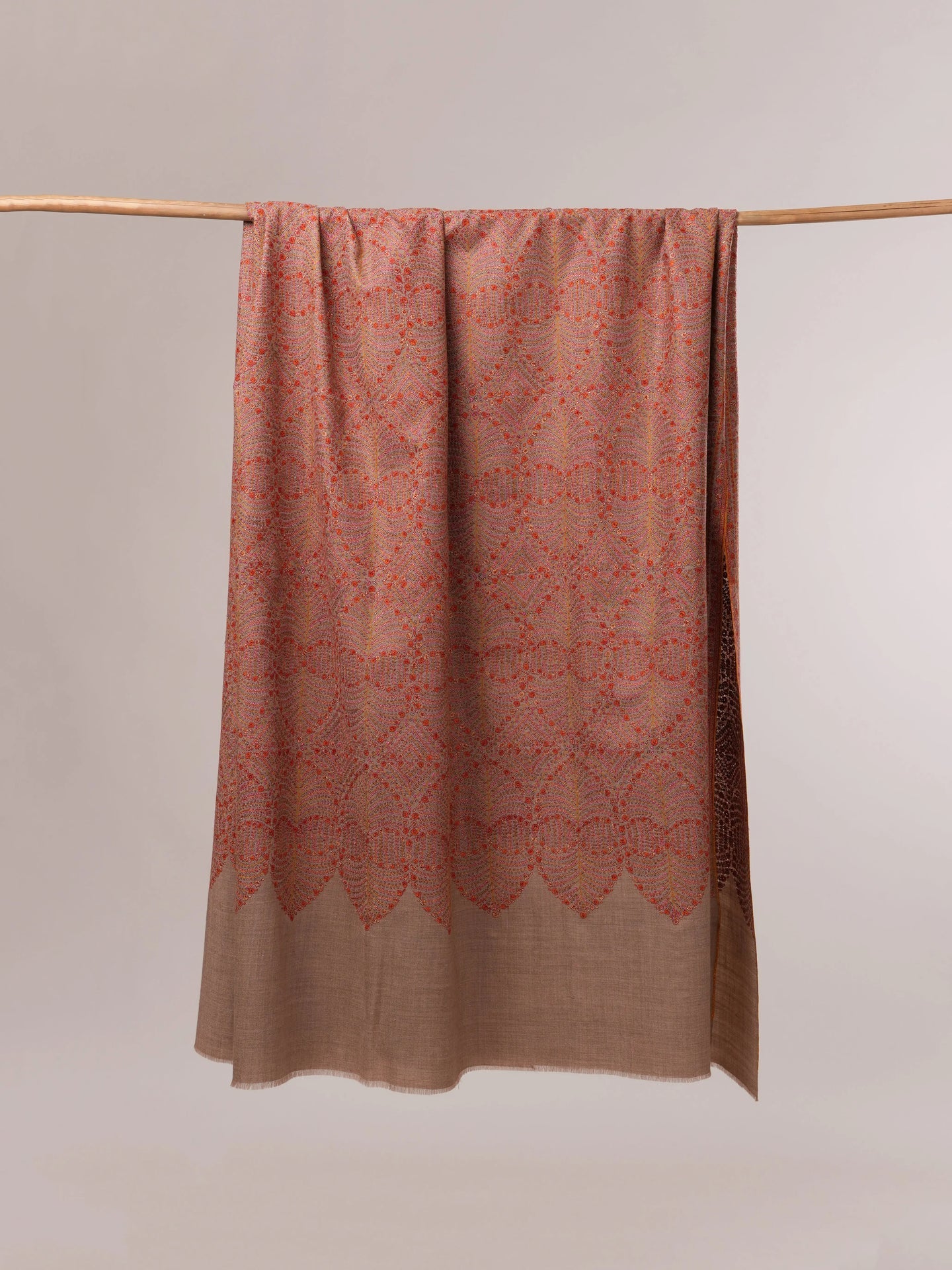 Natural Taupe Pure Pashmina Shawl with Detailed Silk Hand Embroidery Shahkaar.com