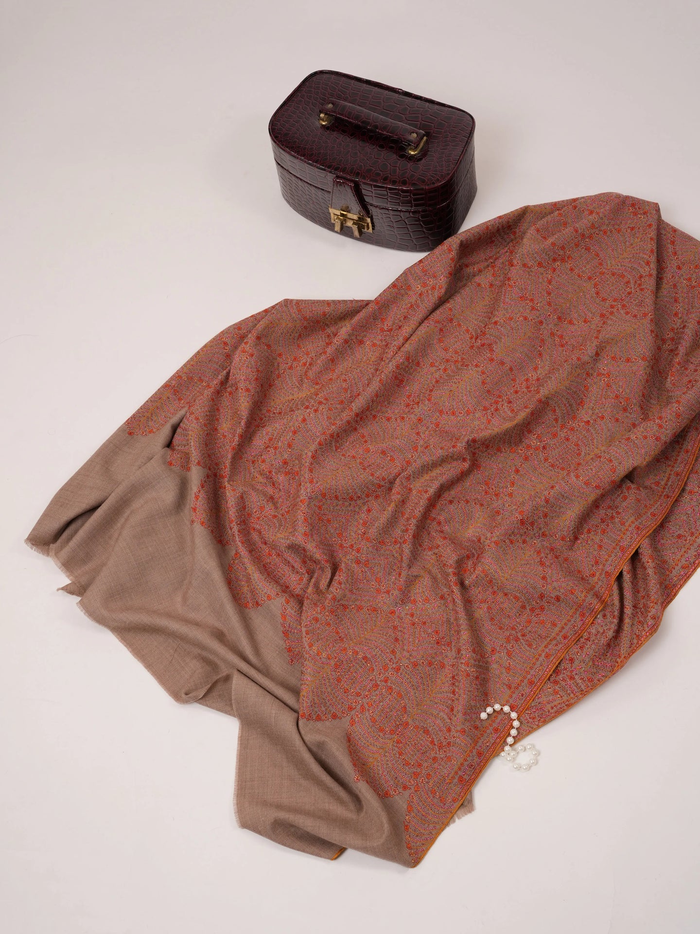 Natural Taupe Pure Pashmina Shawl with Detailed Silk Hand Embroidery Shahkaar.com
