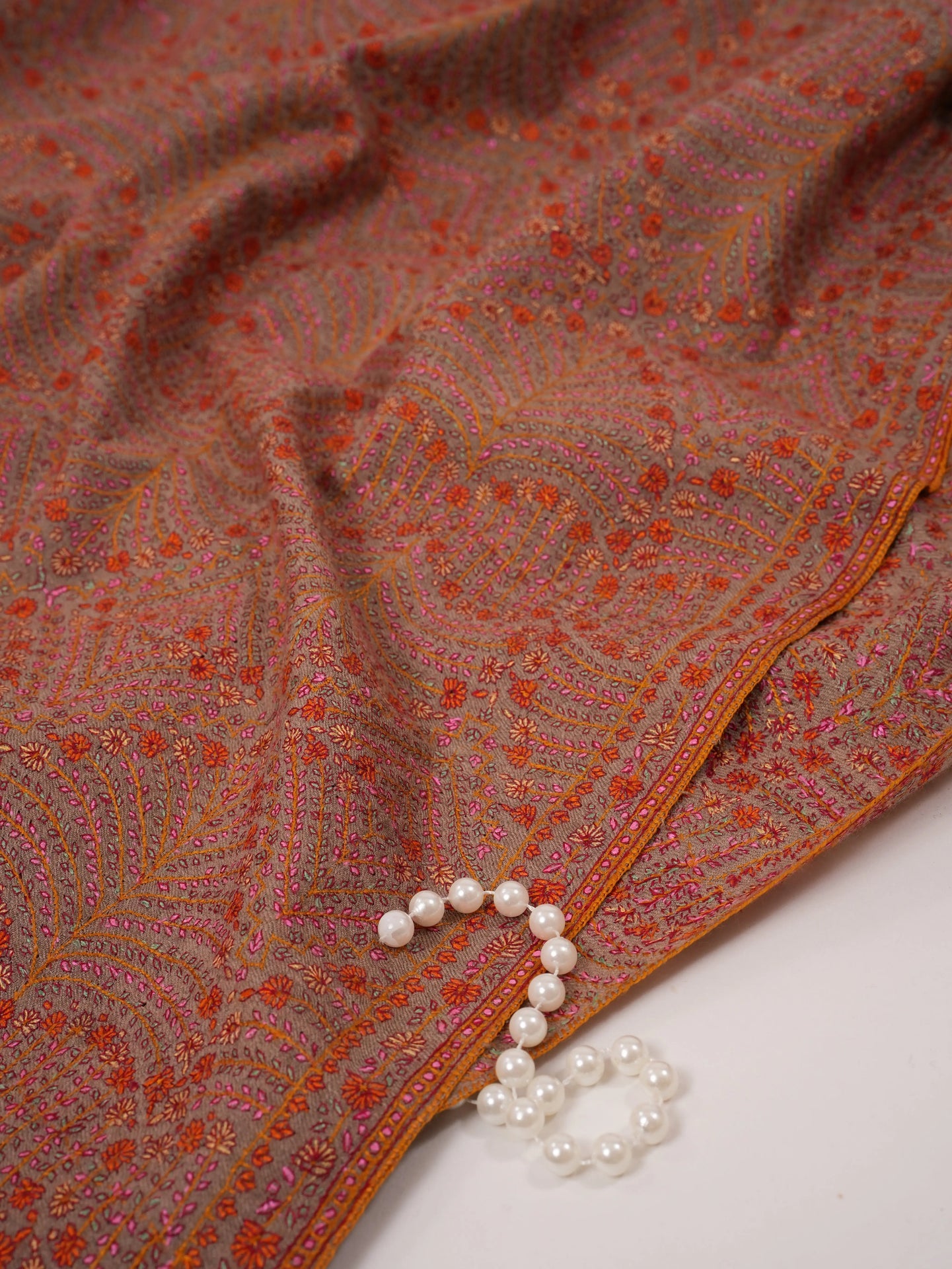 Natural Taupe Pure Pashmina Shawl with Detailed Silk Hand Embroidery Shahkaar.com