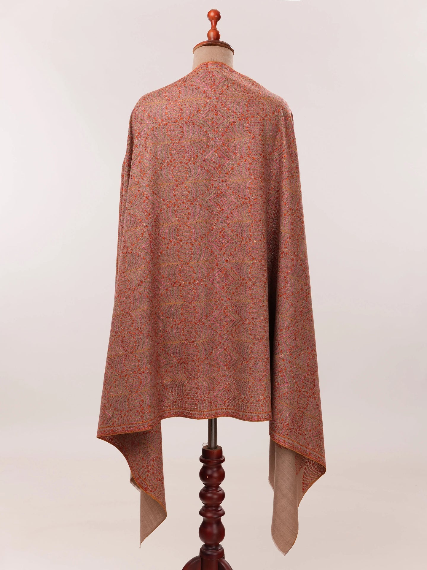 Natural Taupe Pure Pashmina Shawl with Detailed Silk Hand Embroidery Shahkaar.com