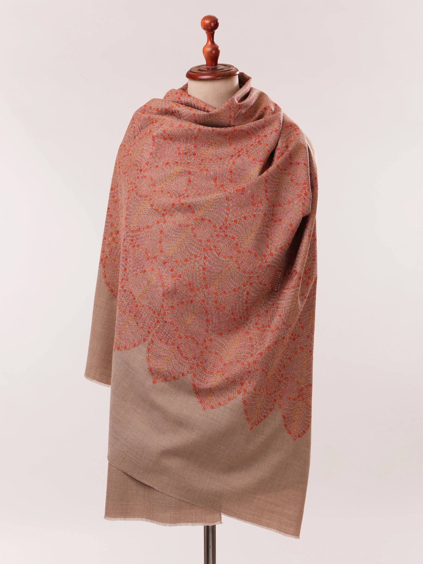 Natural Taupe Pure Pashmina Shawl with Detailed Silk Hand Embroidery Shahkaar.com