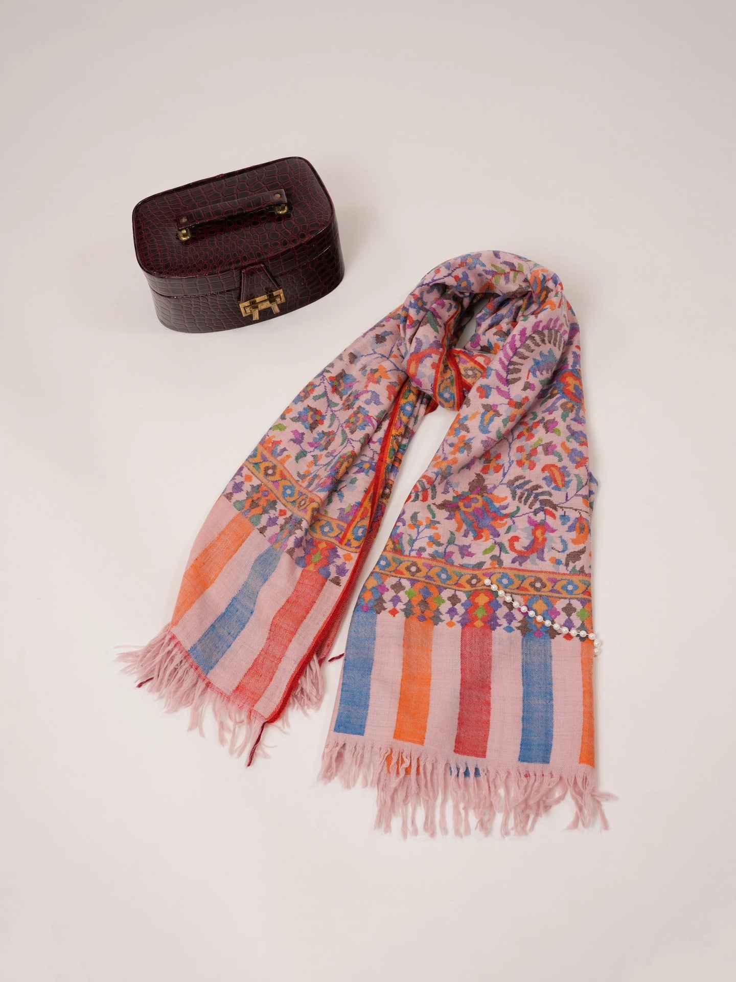 Baby Pink Handwoven Kani Jamavar Pashmina Shawl Shahkaar.com