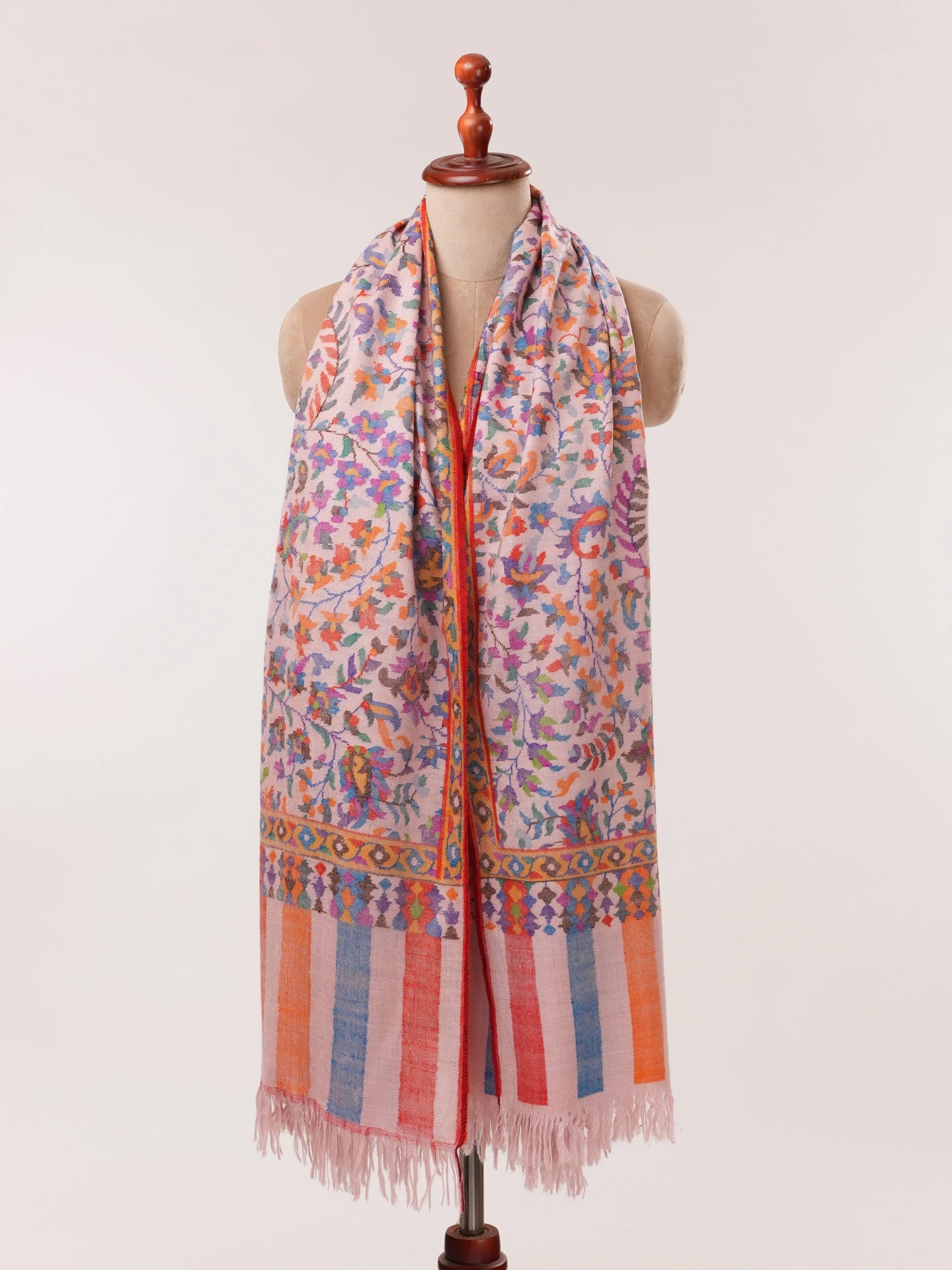 Baby Pink Handwoven Kani Jamavar Pashmina Shawl Shahkaar.com