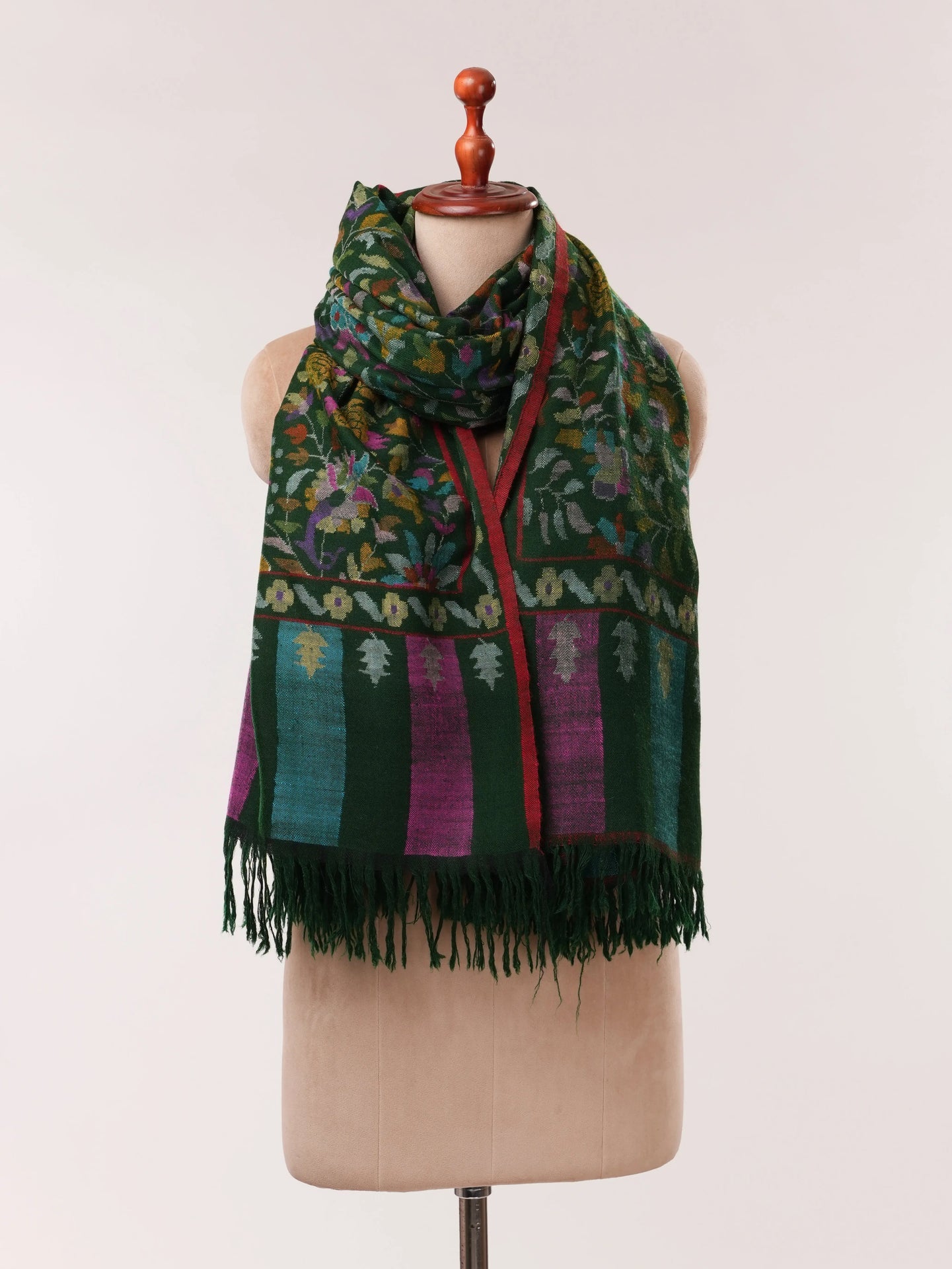 Forest Green Handwoven Kani Floral Pure Pashmina Shawl Shahkaar.com