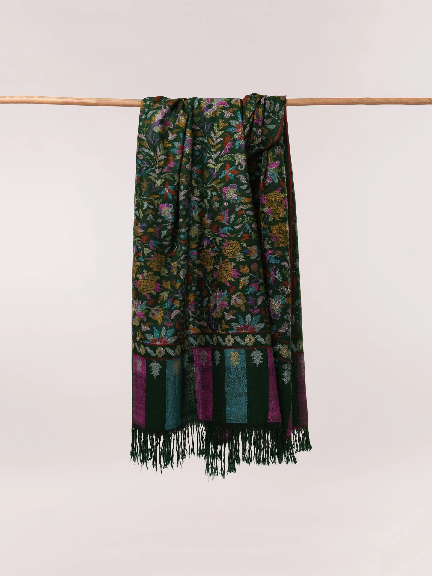 Forest Green Handwoven Kani Floral Pure Pashmina Shawl Shahkaar.com