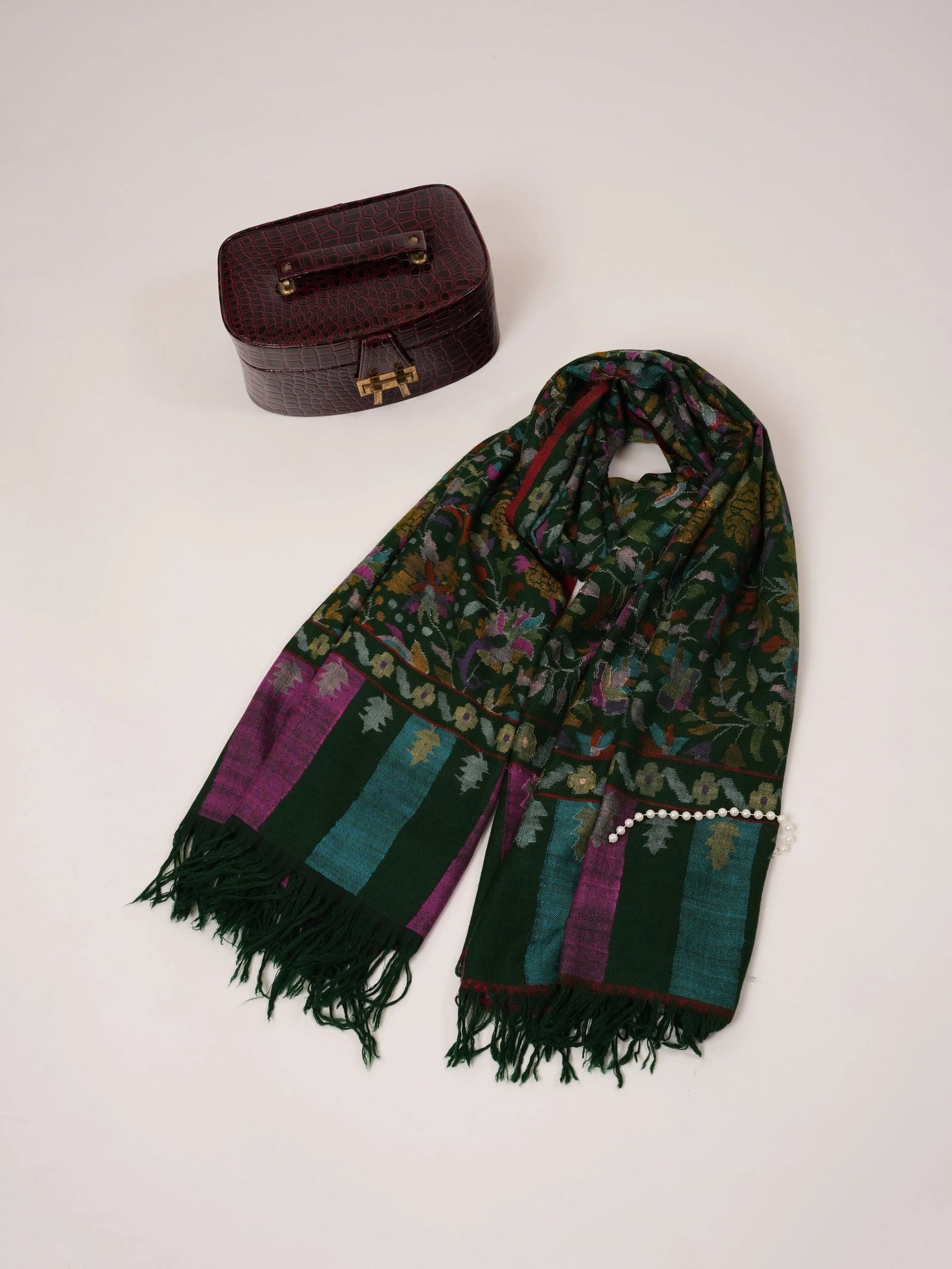 Forest Green Handwoven Kani Floral Pure Pashmina Shawl Shahkaar.com