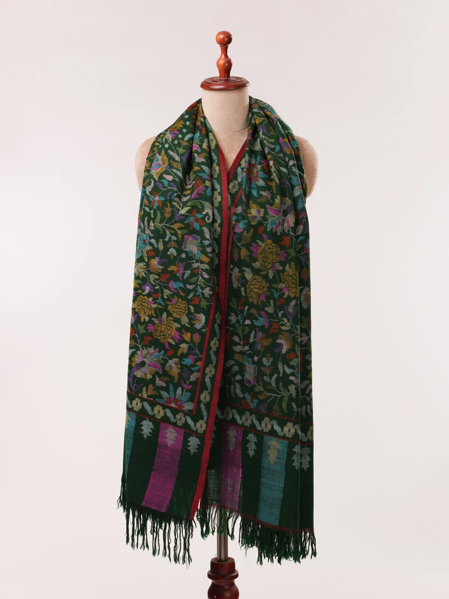 Forest Green Handwoven Kani Floral Pure Pashmina Shawl Shahkaar.com