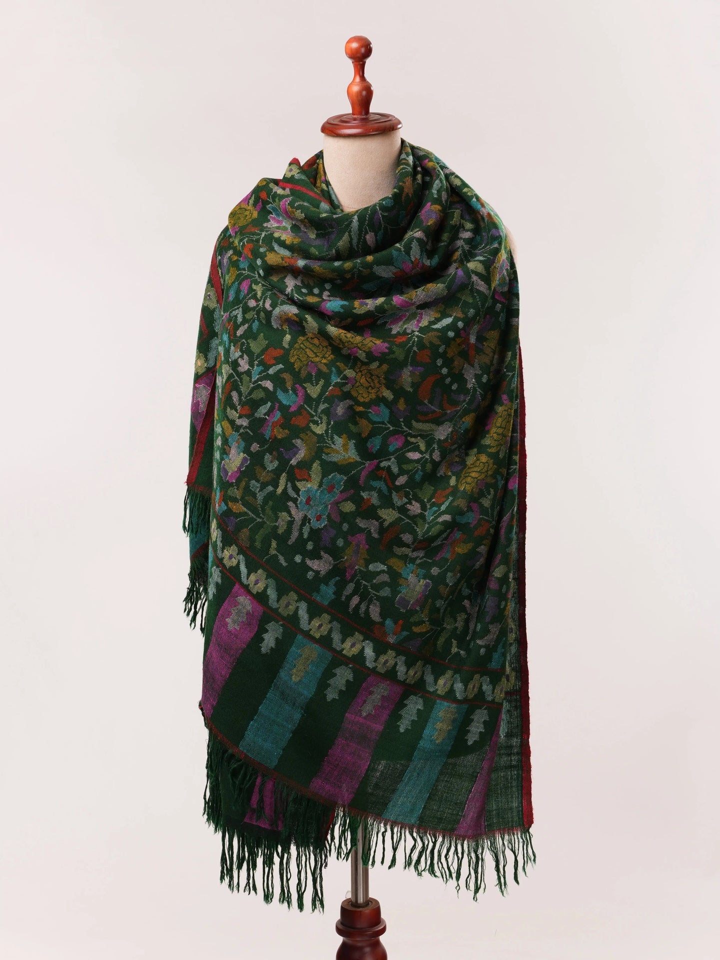 Forest Green Handwoven Kani Floral Pure Pashmina Shawl Shahkaar.com