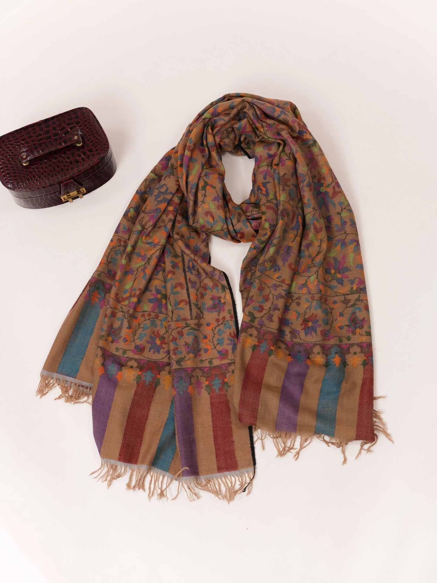 Camel Brown Handwoven Kani Oversized Pashmina Shawl Shahkaar.com