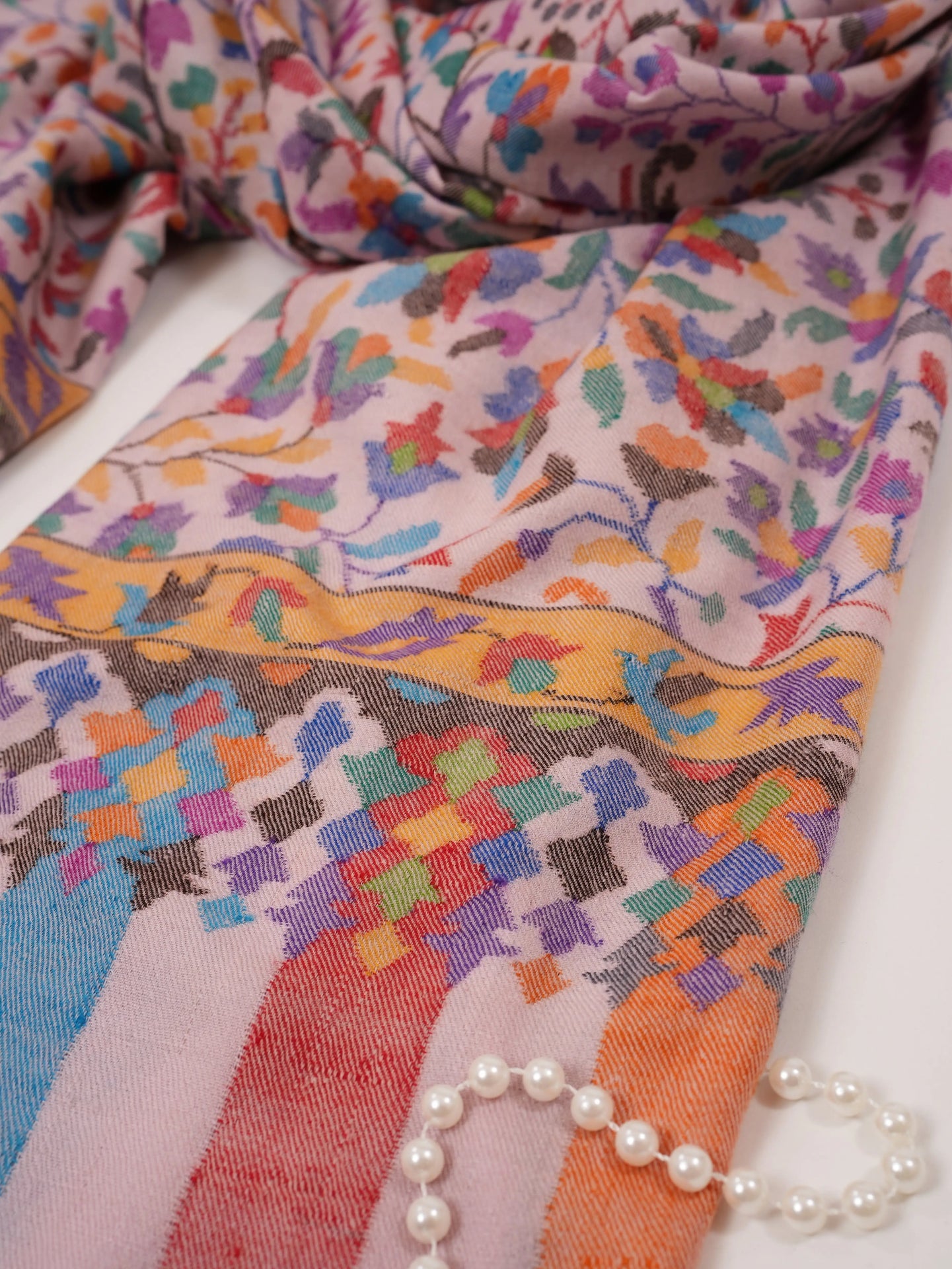 Baby Pink Handwoven Multicolor Floral Kani Pashmina Shawl Shahkaar.com