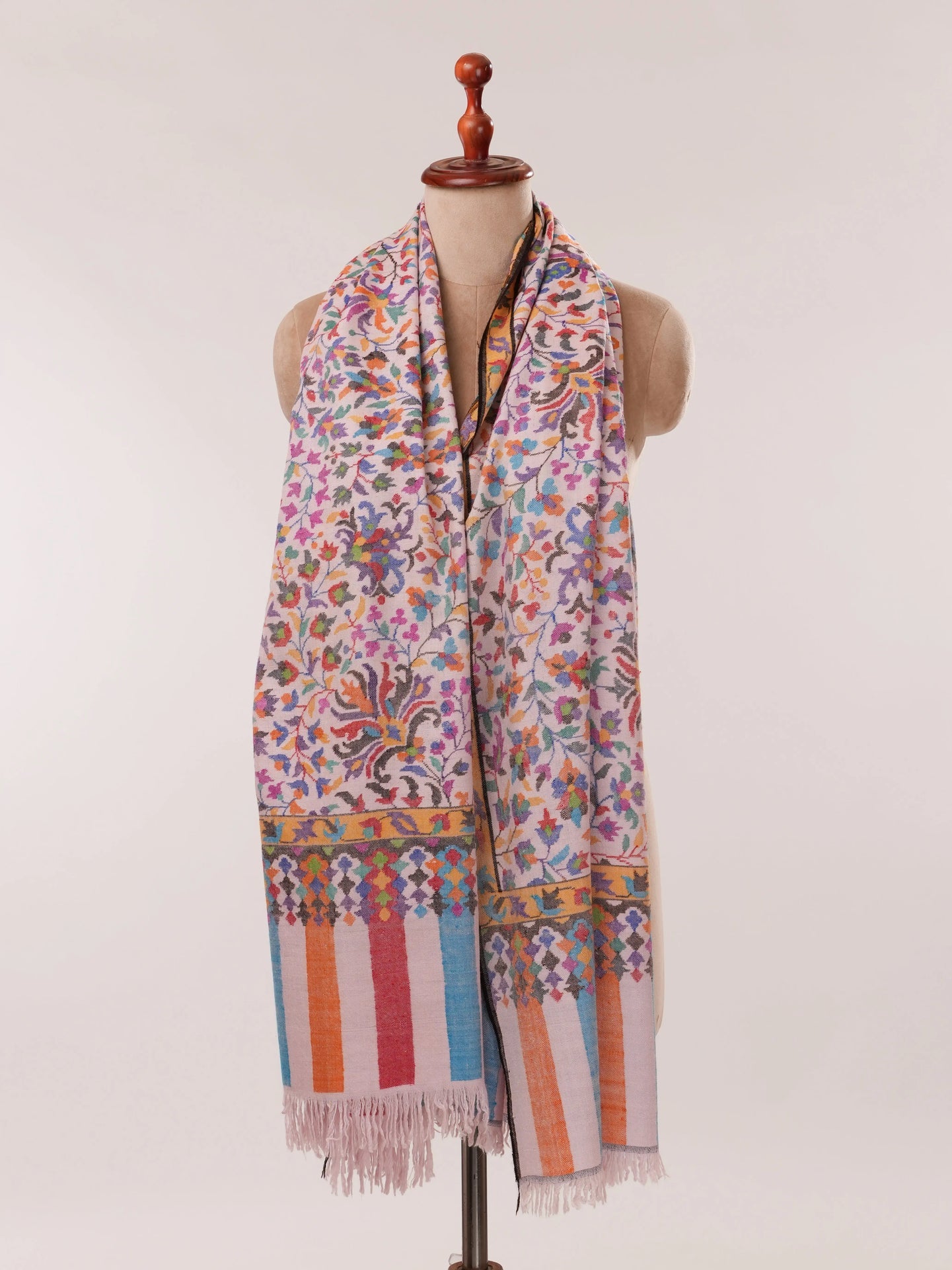 Baby Pink Handwoven Multicolor Floral Kani Pashmina Shawl Shahkaar.com