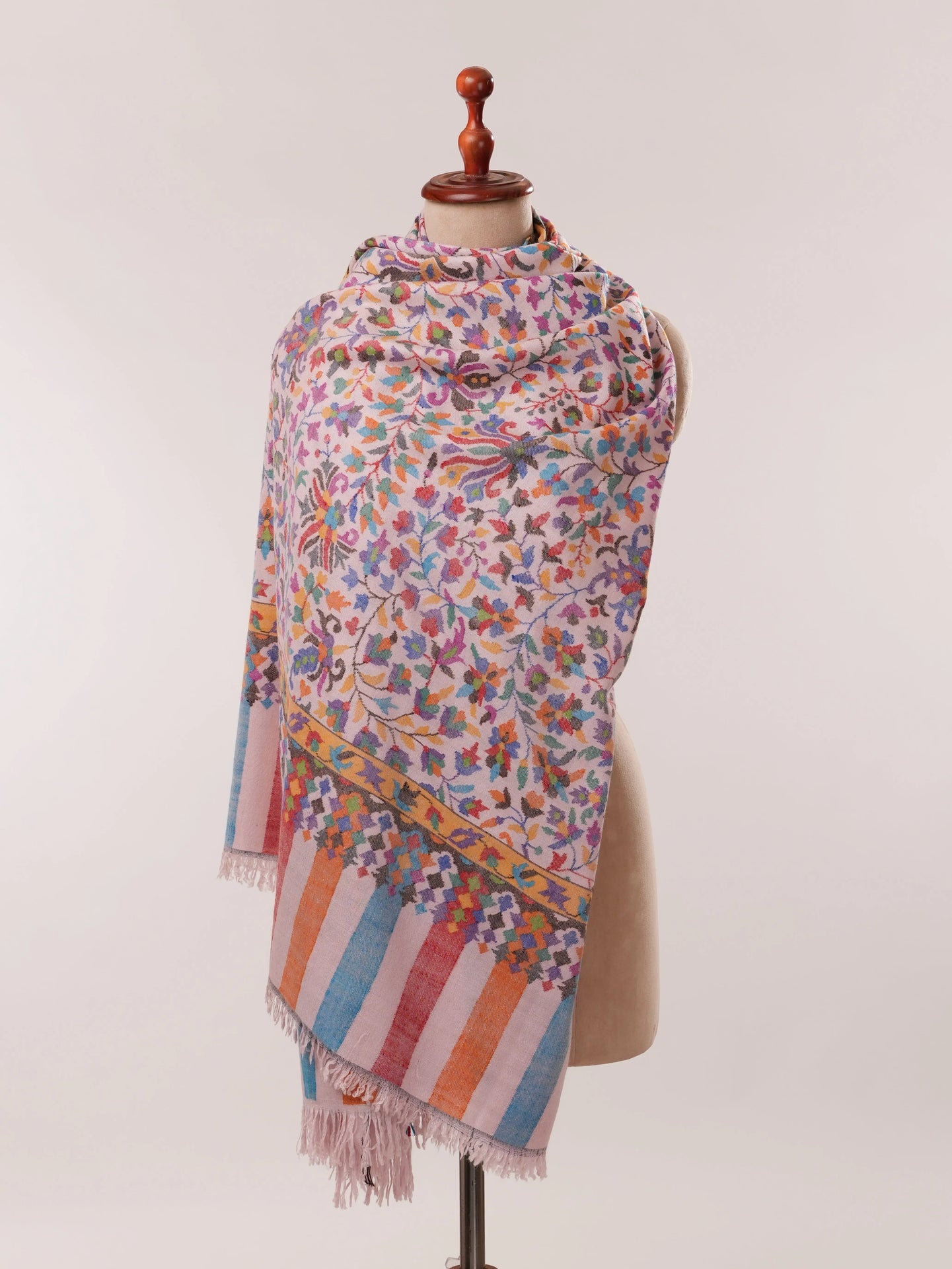 Baby Pink Handwoven Multicolor Floral Kani Pashmina Shawl Shahkaar.com