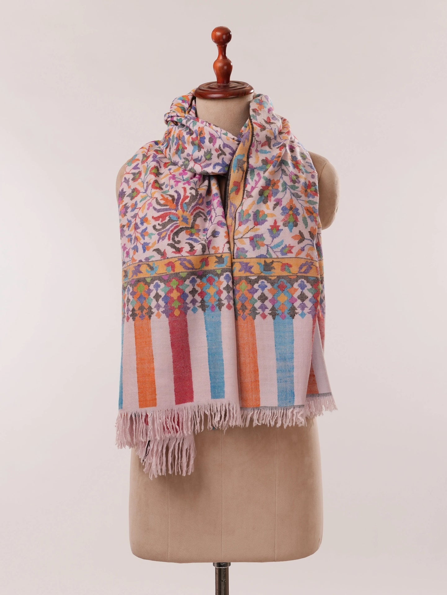 Baby Pink Handwoven Multicolor Floral Kani Pashmina Shawl Shahkaar.com