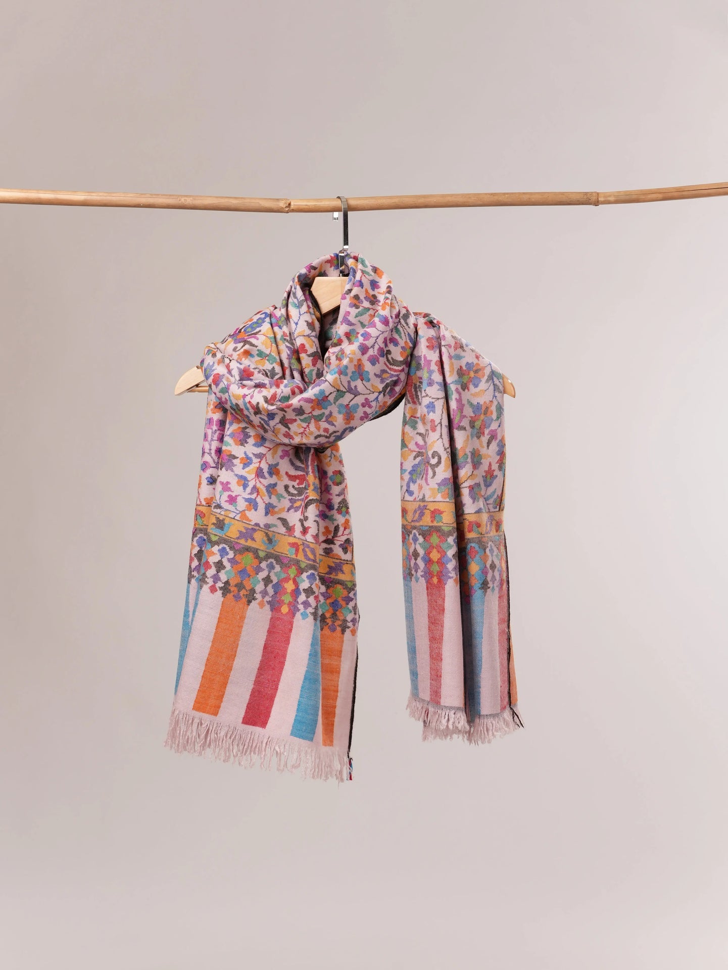 Baby Pink Handwoven Multicolor Floral Kani Pashmina Shawl Shahkaar.com