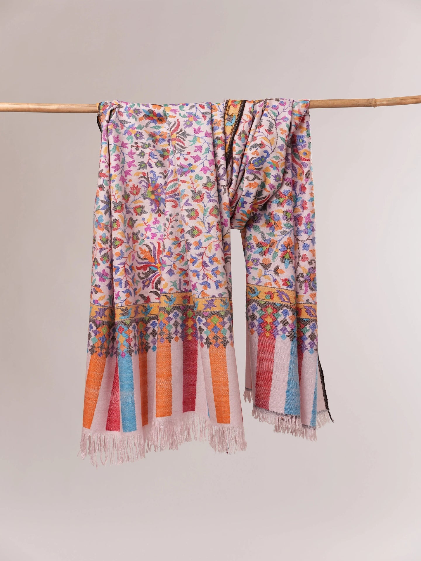 Baby Pink Handwoven Multicolor Floral Kani Pashmina Shawl Shahkaar.com