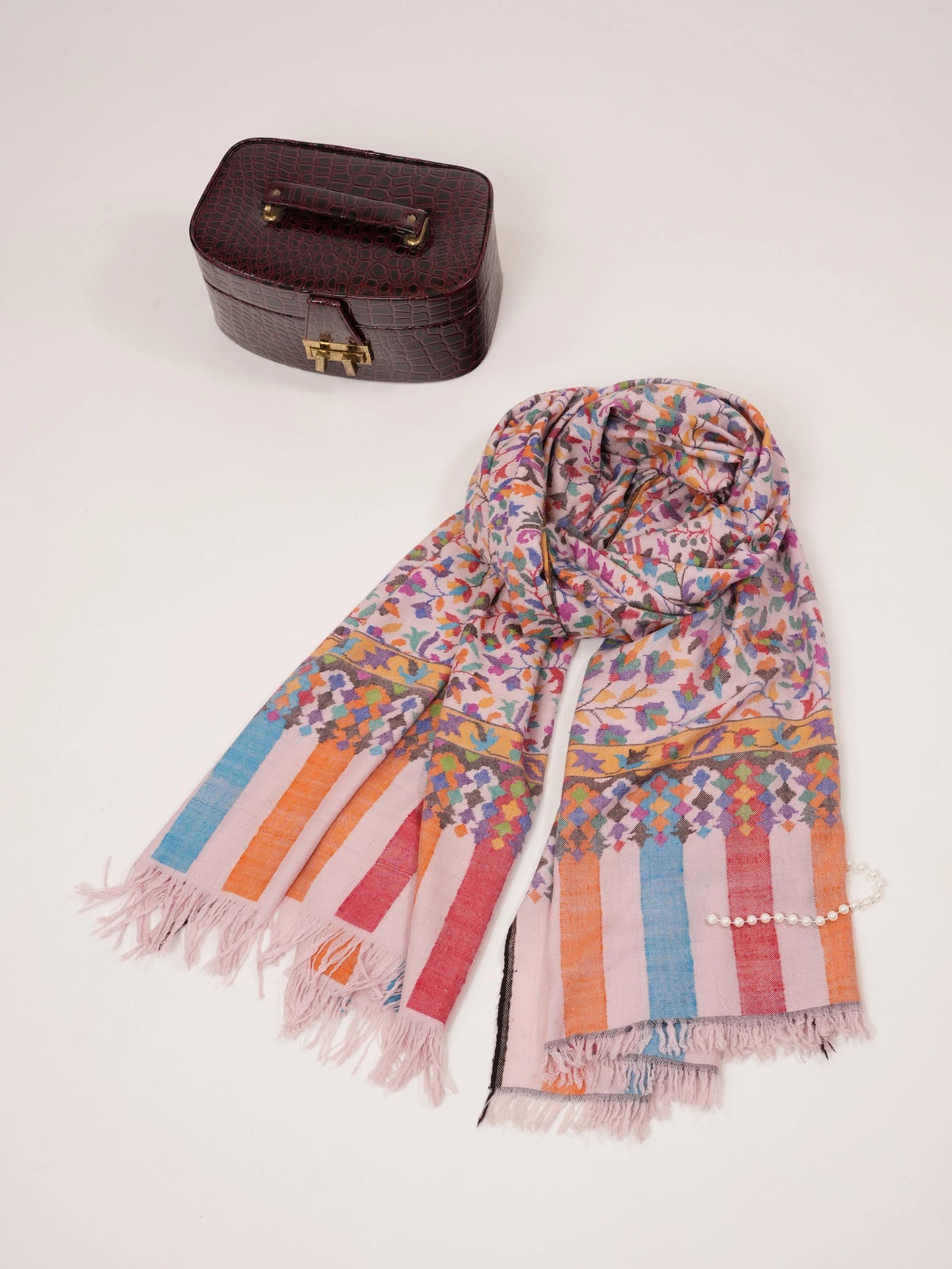 Baby Pink Handwoven Multicolor Floral Kani Pashmina Shawl Shahkaar.com