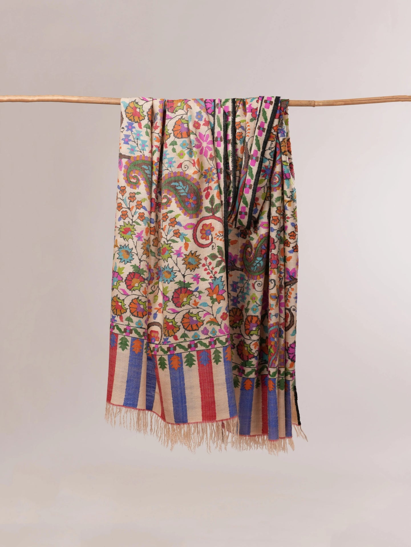 Oversized Cream Kani Floral Handwoven Pashmina Shawl Shahkaar.com