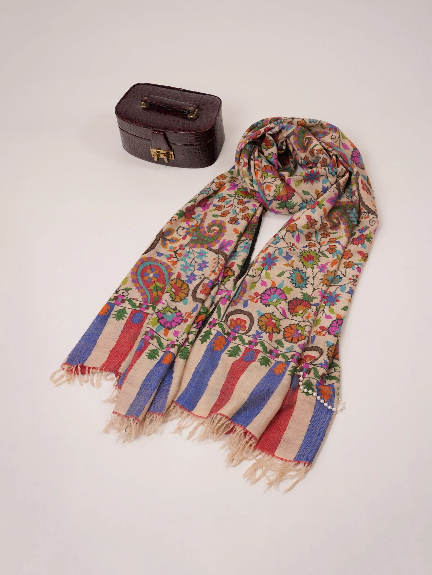Oversized Cream Kani Floral Handwoven Pashmina Shawl Shahkaar.com