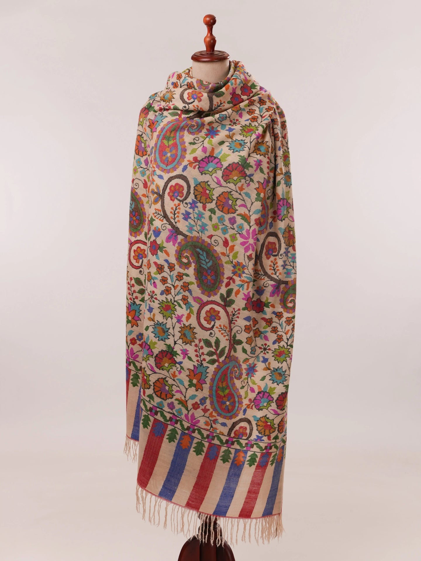 Oversized Cream Kani Floral Handwoven Pashmina Shawl Shahkaar.com