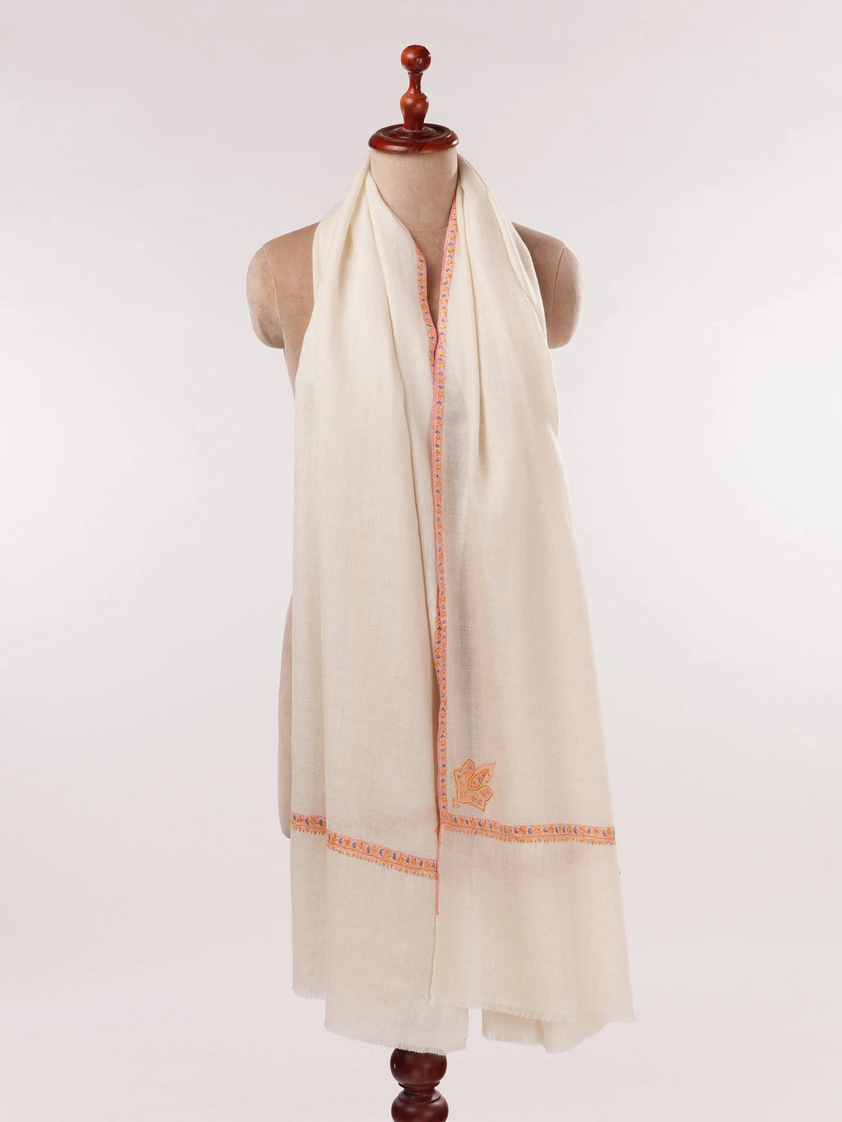 Handwoven Off White Pashmina Shawl with Baildar Hand Embroidery Shahkaar.com