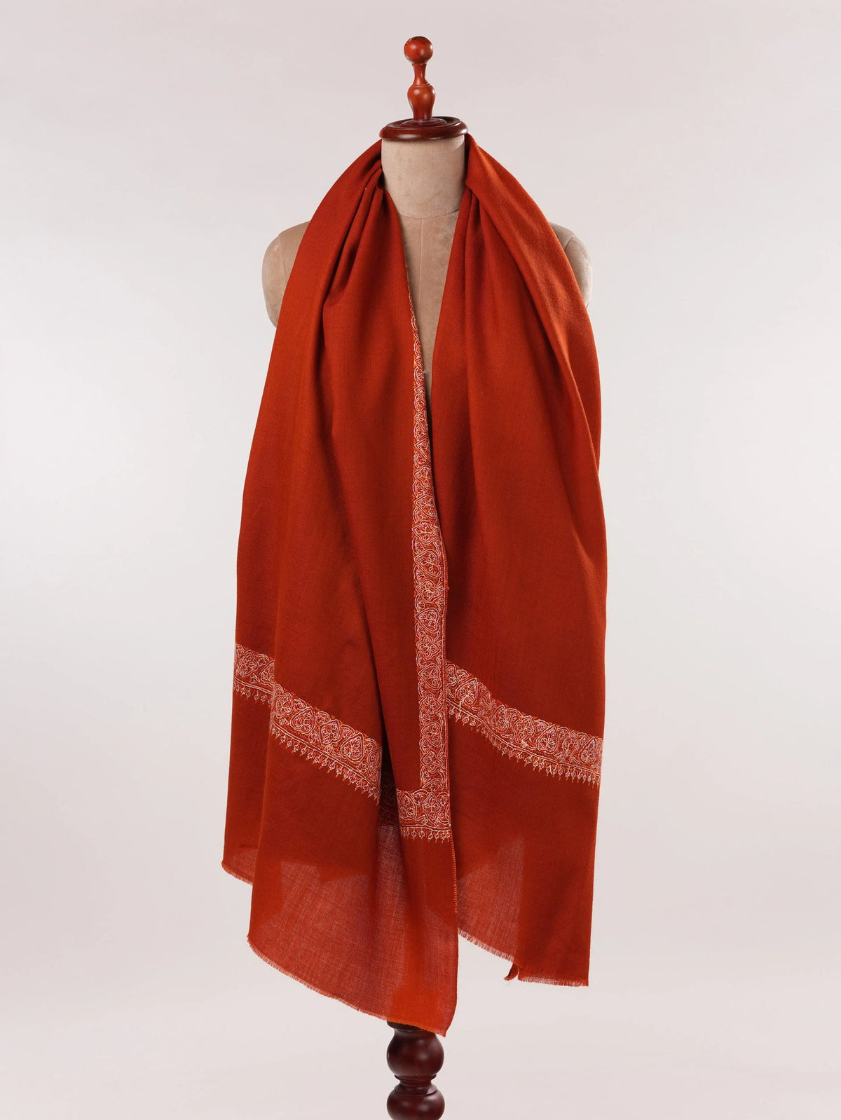 Rust Fine Wool Shawl with Pure Neemdaur Sozni Hand Embroidery Shahkaar.com