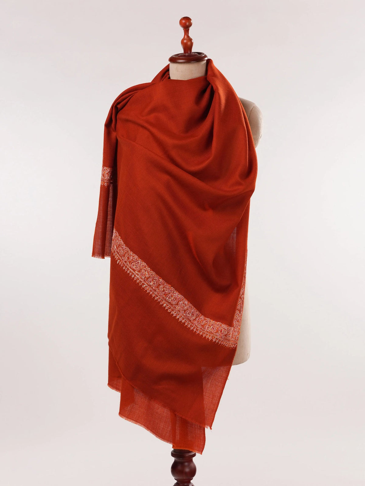 Rust Fine Wool Shawl with Pure Neemdaur Sozni Hand Embroidery Shahkaar.com