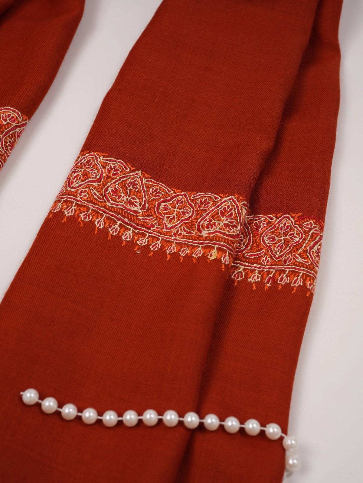 Rust Fine Wool Shawl with Pure Neemdaur Sozni Hand Embroidery Shahkaar.com