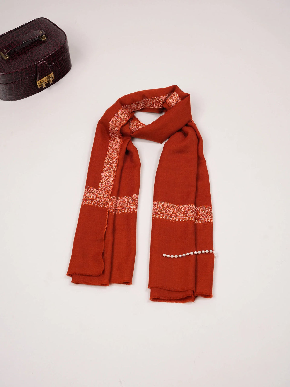 Rust Fine Wool Shawl with Pure Neemdaur Sozni Hand Embroidery Shahkaar.com