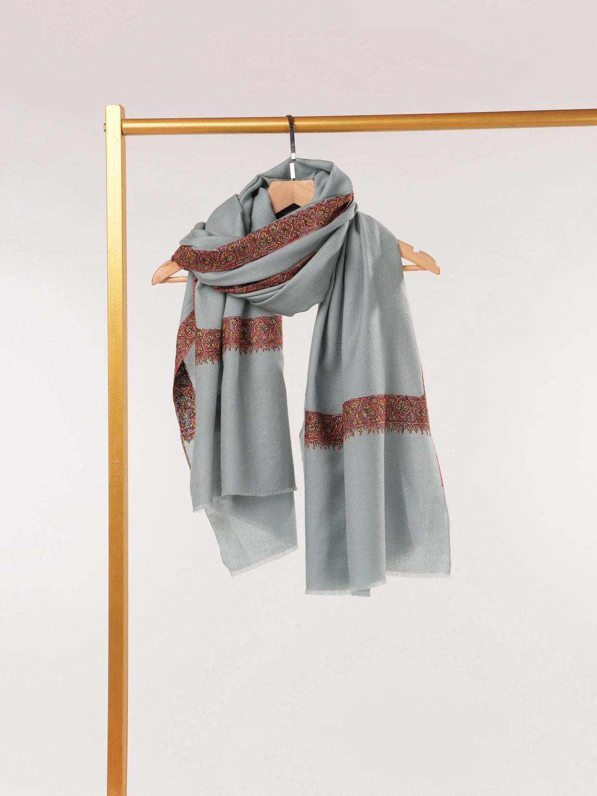 Fine Wool Shawl with Kashmiri Neemdaur Hand Sozni Embroidery Shahkaar.com