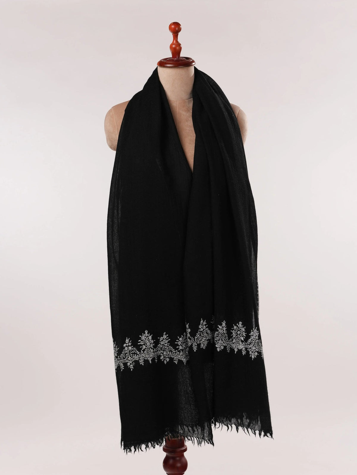 Palldar Black Pure Boiled Wool Shawl with Sozni Hand Embroidery Shahkaar.com