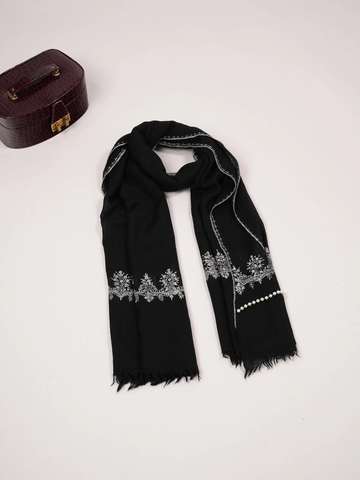 Palldar Black Pure Boiled Wool Shawl with Sozni Hand Embroidery Shahkaar.com
