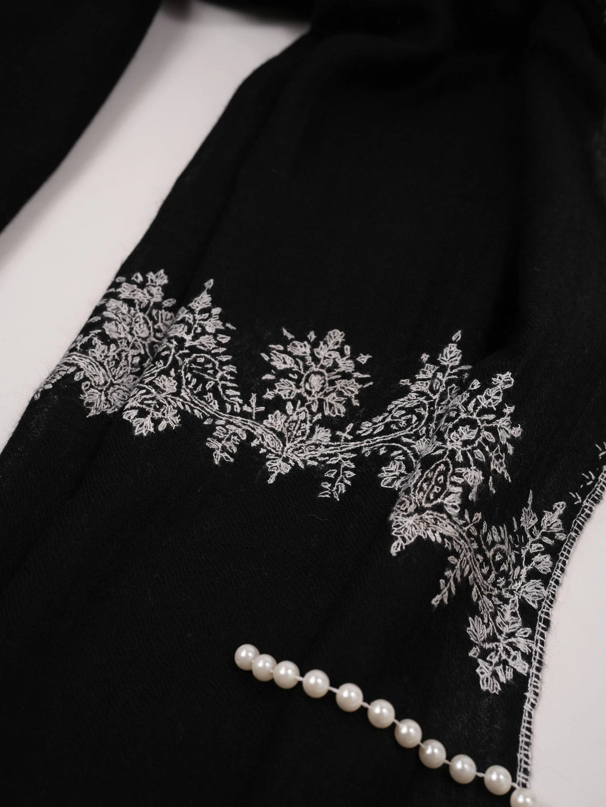 Palldar Black Pure Boiled Wool Shawl with Sozni Hand Embroidery Shahkaar.com