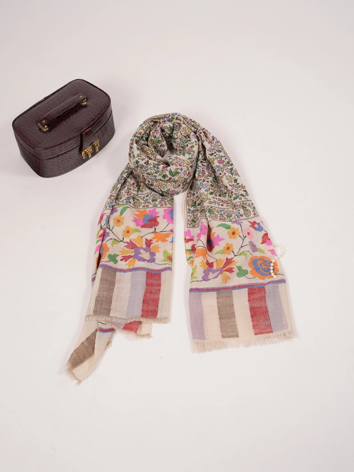 Natural White Handwoven Pashmina Shawl with Hand Kalamkari Embroidery Shahkaar.com