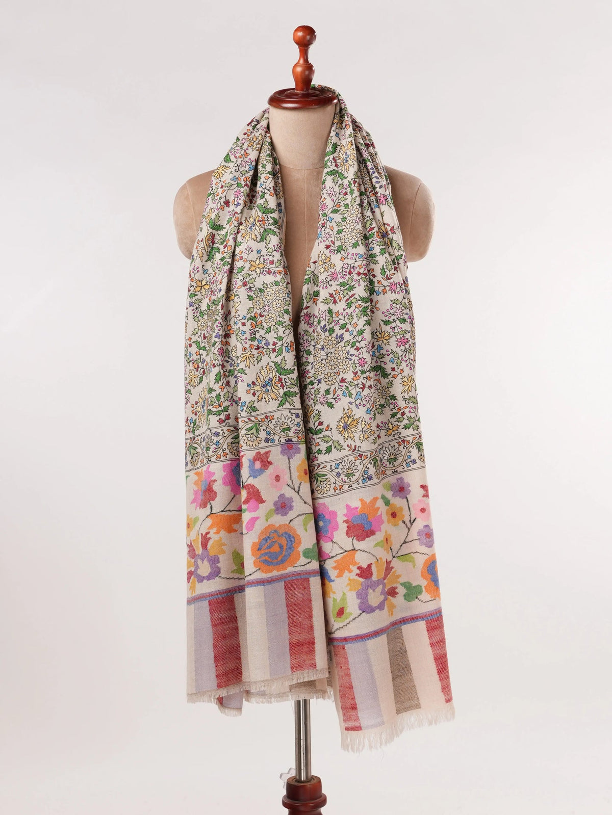 Natural White Handwoven Pashmina Shawl with Hand Kalamkari Embroidery Shahkaar.com