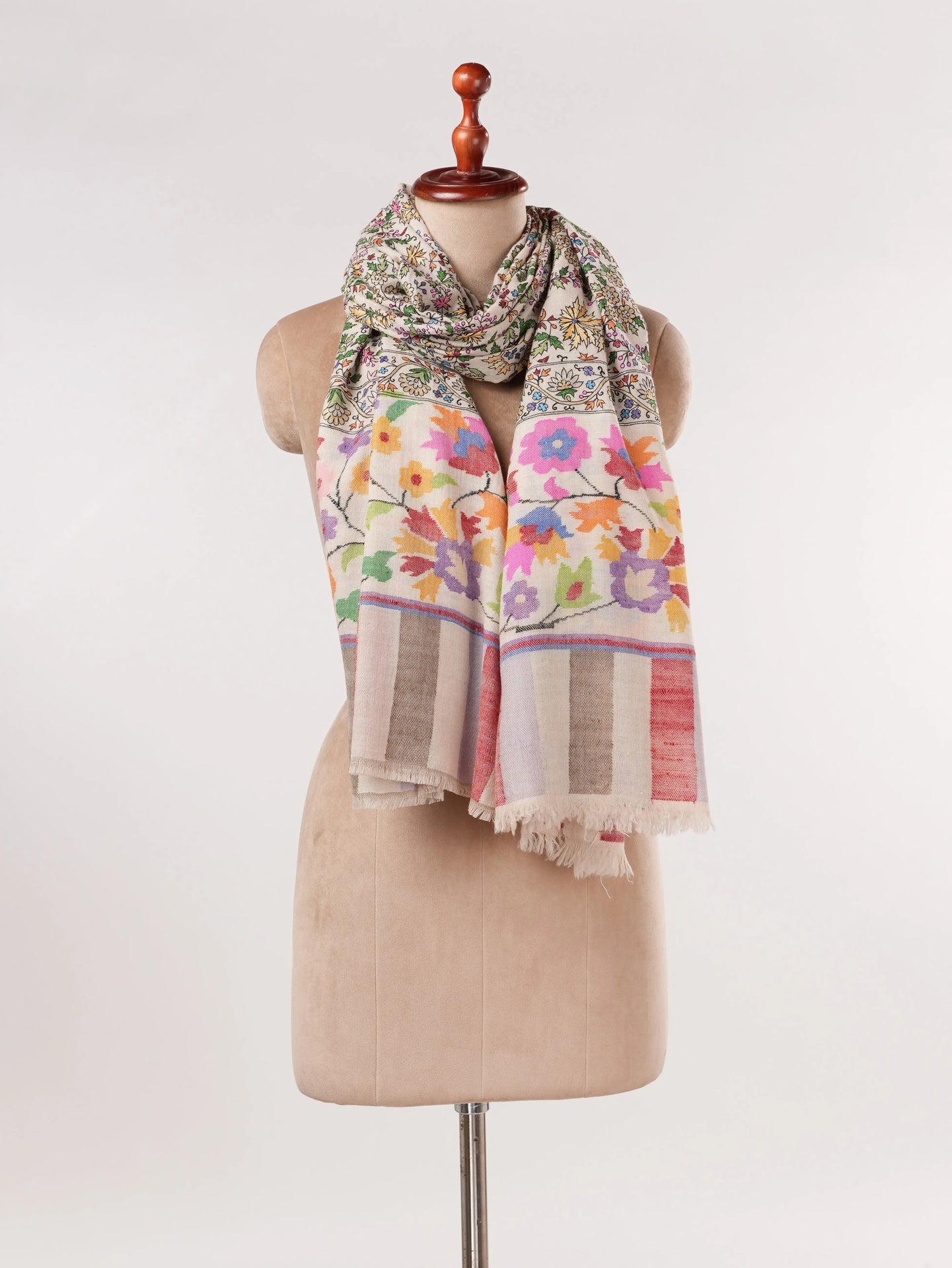 Natural White Handwoven Pashmina Shawl with Hand Kalamkari Embroidery Shahkaar.com